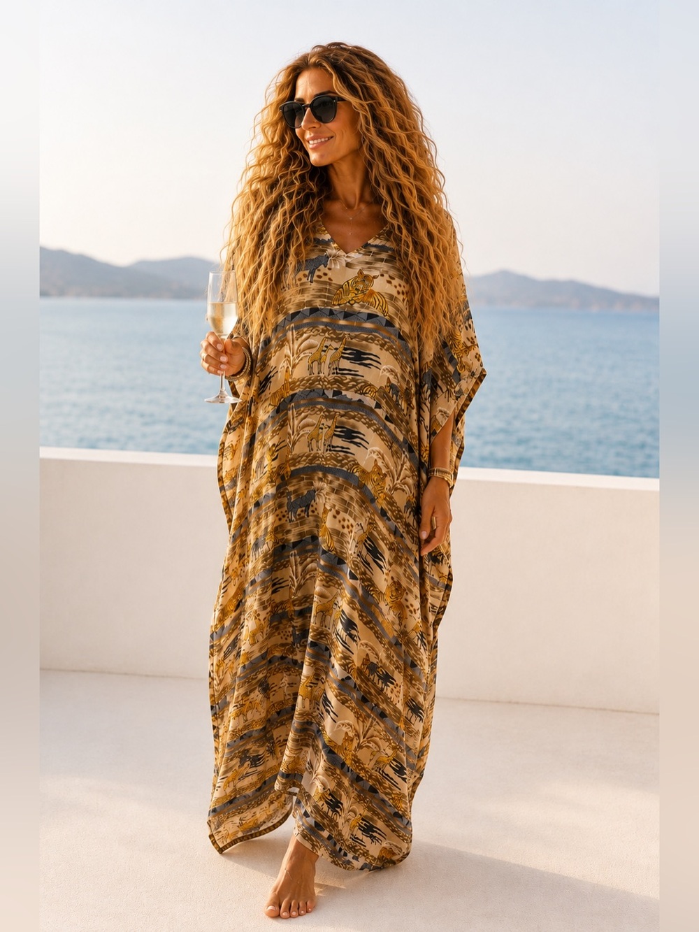 F15. MYSTIQUE Vintage Kaftan | Mumu | Gold Ivory & Taupe Animal Print 33/53